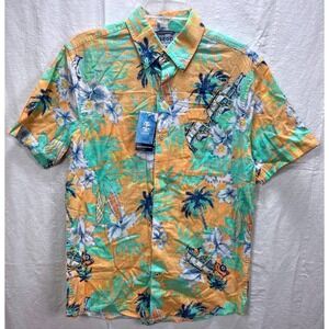 IZOD Saltwater Shirt Medium Tropical Beach Surfboard Palm Tree Cotton Orange